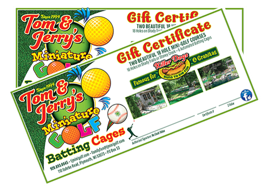 Gift Certificates for Tom & Jerry's Mini Golf & Batting Cages Plymouth Wisconsin Sheboygan County